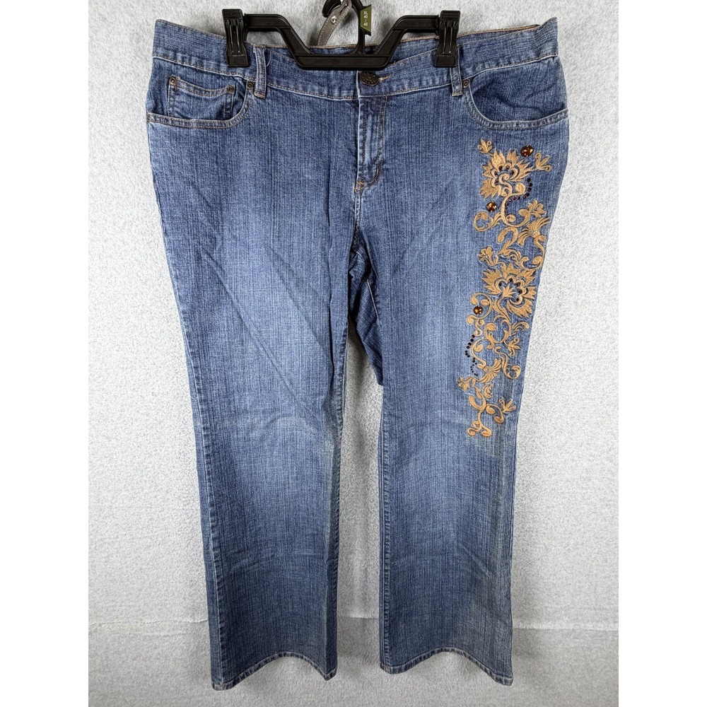 Daisy Fuentes Jeans Womens 16W Blue High Rise Straight Leg‎ Embroidered Floral